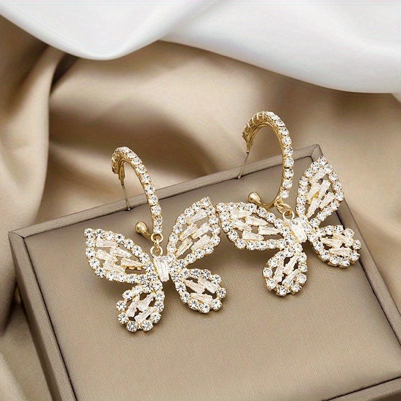 1 Pair of Alloy Inlay Sparkling Rhinestone Butterfly Hoop Earrings for Women, Jewelry Suitable for All Occasions, Exquisite Gift for Girls and Women Without Gift Box