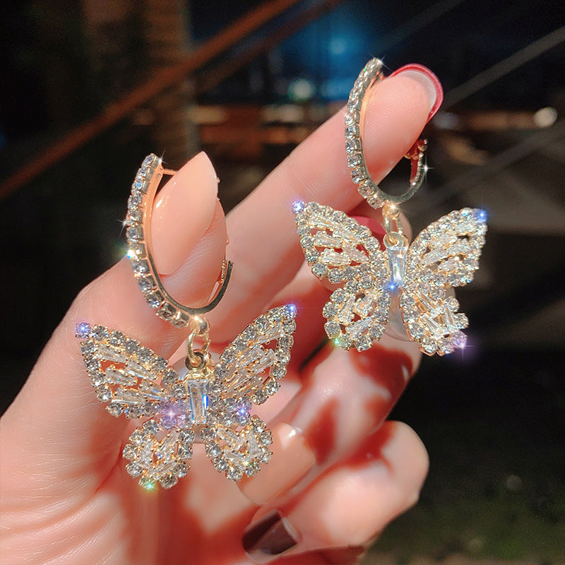 1 Pair of Alloy Inlay Sparkling Rhinestone Butterfly Hoop Earrings for Women, Jewelry Suitable for All Occasions, Exquisite Gift for Girls and Women Without Gift Box