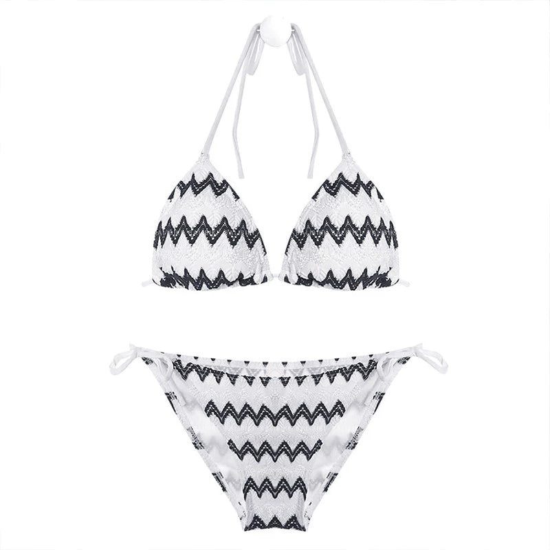 Hot Spring Wave Stripes Three-Point Small Chest Sexy Swimsuit