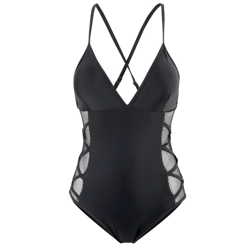 Hot Spring Deep V Mesh Women's European and American-Style One-Piece Swimsuit