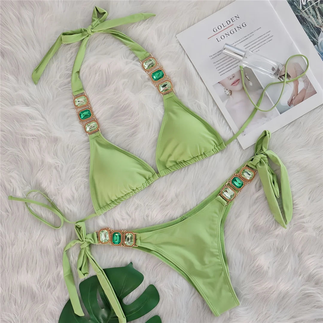 10 Colors Diamond Rhinestones Halter Bikini Women Swimwear Female Swimsuit Two-pieces Bikini set Bather Bathing Suit Swim V6194