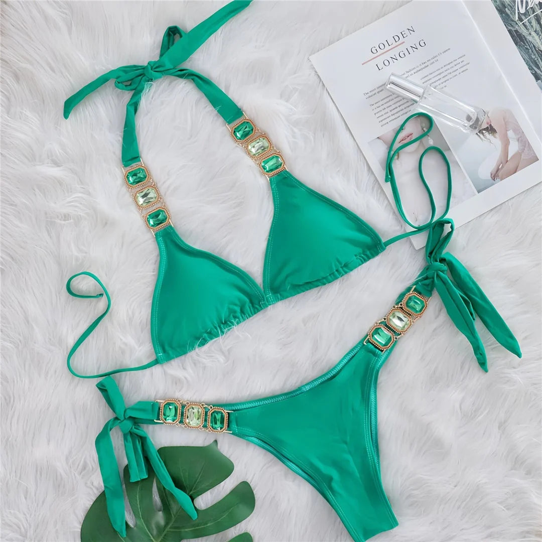 10 Colors Diamond Rhinestones Halter Bikini Women Swimwear Female Swimsuit Two-pieces Bikini set Bather Bathing Suit Swim V6194