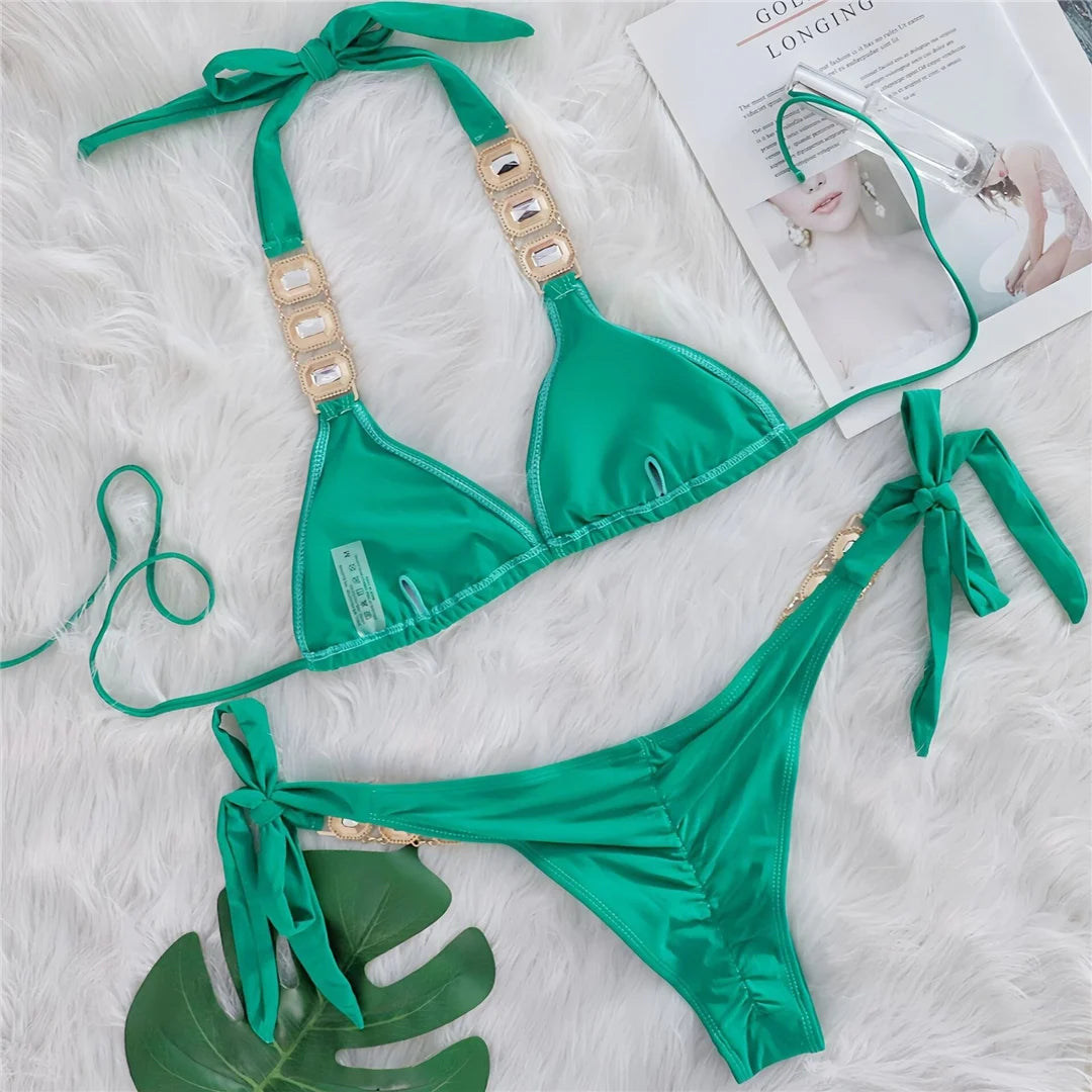 10 Colors Diamond Rhinestones Halter Bikini Women Swimwear Female Swimsuit Two-pieces Bikini set Bather Bathing Suit Swim V6194
