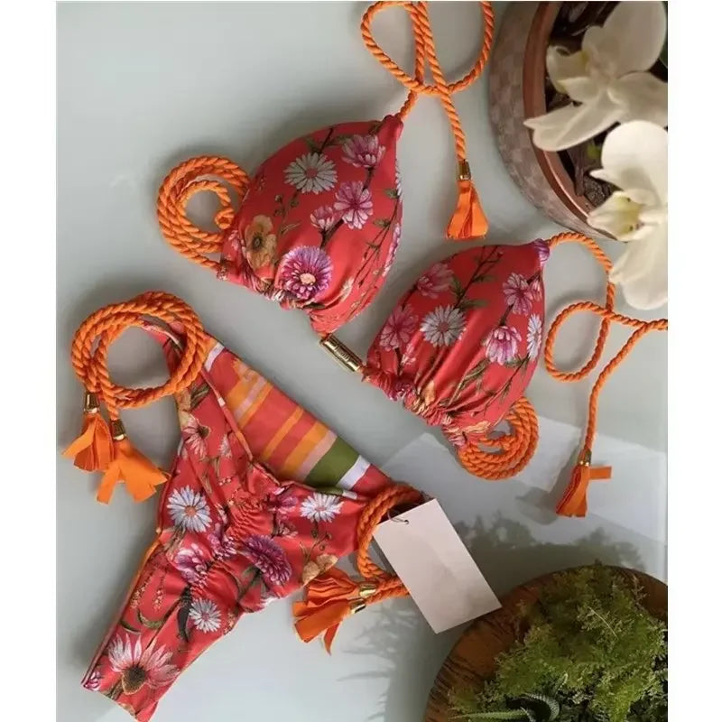 2024 Swimsuit Women's Bikini Print Rope Print Swimsuit