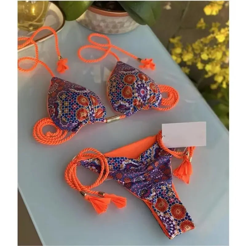 2024 Swimsuit Women's Bikini Print Rope Print Swimsuit
