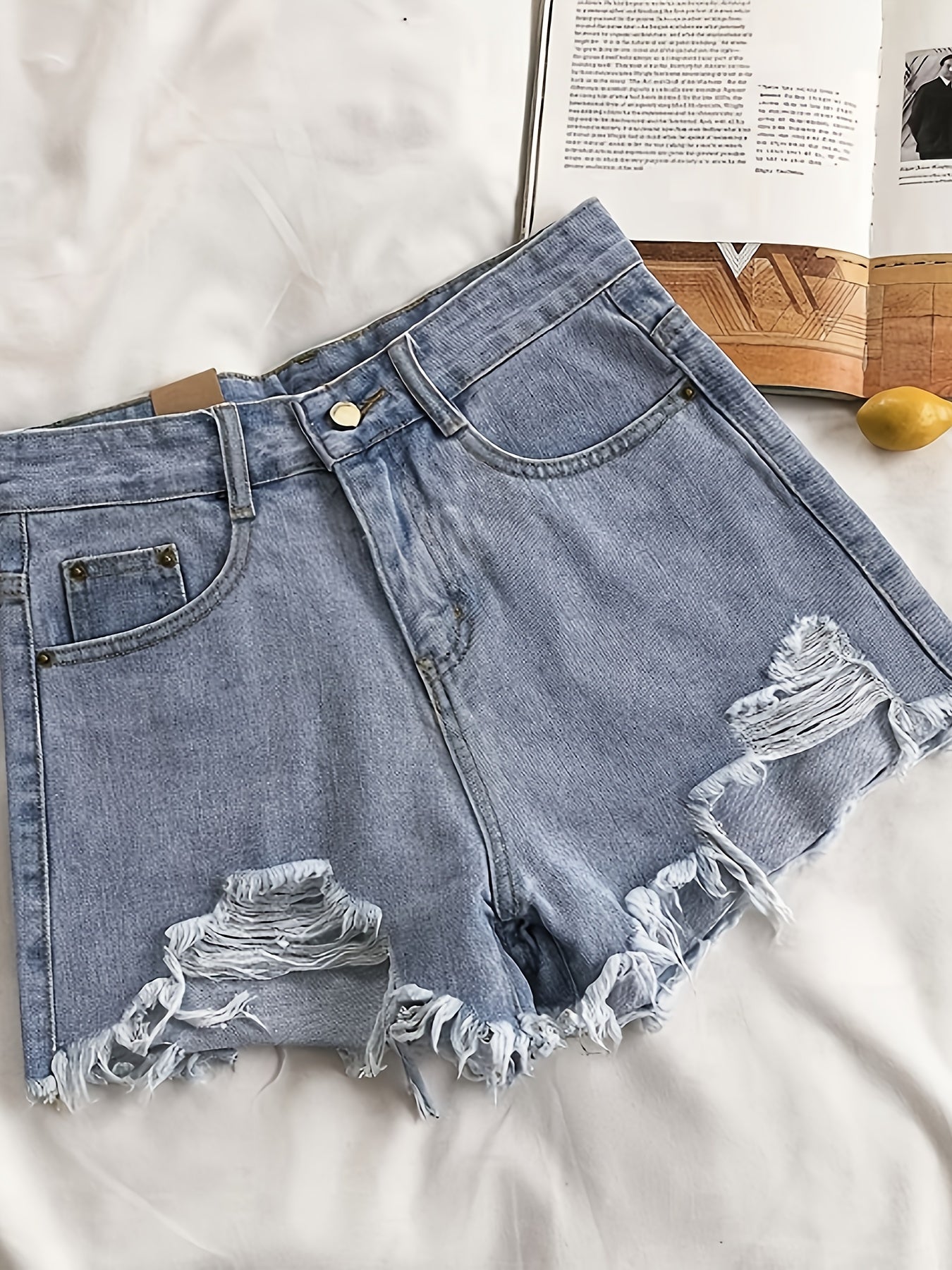 Women's High Waist Ripped Jeans Shorts - Casual Summer Denim-Style A-Line Cut with Button Closure, Machine Washable Non-Stretch Fabric for Spring/Summer Outfits, Denim Shorts