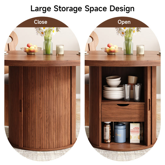 47 Inch Round Farmhouse Wood Dining Table with Double Storage Shelves And Drawers, Modern Round Dining Table for Four with Sliding Doors And Wood Bar Base for Kitchen And Living Room, Walnut