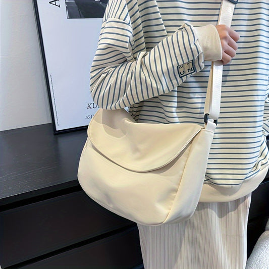 Large Capacity Durable Nylon Crossbody Bag with Adjustable Strap, Zipper Closure - Lightweight, Foldable Design in Beige/Coffee//Black - Ideal for Daily Use