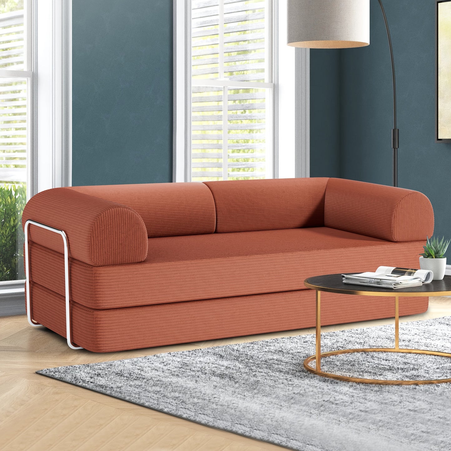 KERDOM 78" Convertible Corduroy Sleeper Sofa Bed - 3-Person Green Space-Saving Love Seat with Pull-Out Bed, High-Rebound Density Foam, Stainless Steel Frame & Spliced Block Design for Living Room, Apartments, Guest Sleeping S