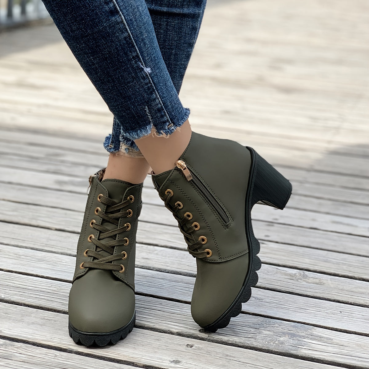 Women's Chunky Heel Ankle Boots - Black Faux Cover Lace-Up Side Zipper Booties with Golden Accents, Cap Toe & Comfortable Block Heel for Casual Outings