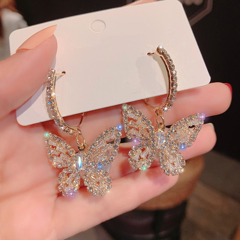 1 Pair of Alloy Inlay Sparkling Rhinestone Butterfly Hoop Earrings for Women, Jewelry Suitable for All Occasions, Exquisite Gift for Girls and Women Without Gift Box