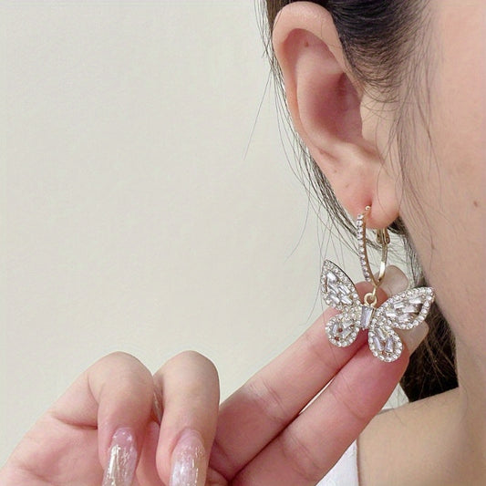 1 Pair of Alloy Inlay Sparkling Rhinestone Butterfly Hoop Earrings for Women, Jewelry Suitable for All Occasions, Exquisite Gift for Girls and Women Without Gift Box