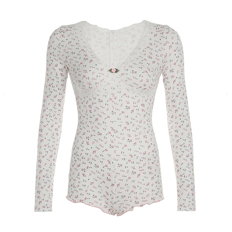 French-Style Floral Romper with Y2K Aesthetics Featuring Contrasting Lace Appliqué And a V-Neck Knit Design for Spring And Autumn.