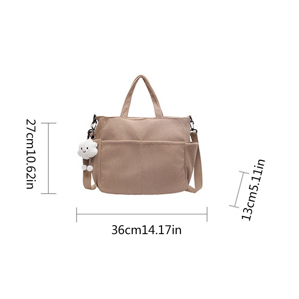 Large Capacity Corduroy Shoulder Bag for Women, Adjustable Strap, Zip Closure, Machine Washable - Ideal for Daily Commute and School