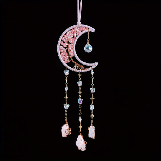 1 Elegant Pink Raw Stone Tree of Life Dream Catcher with Colorful Beads & Crystal Moon - Golden-Tone Finish, Ideal for Home Wall Decor & Unique Gift for Holidays, Christmas, Valentine's Day, and Birthdays