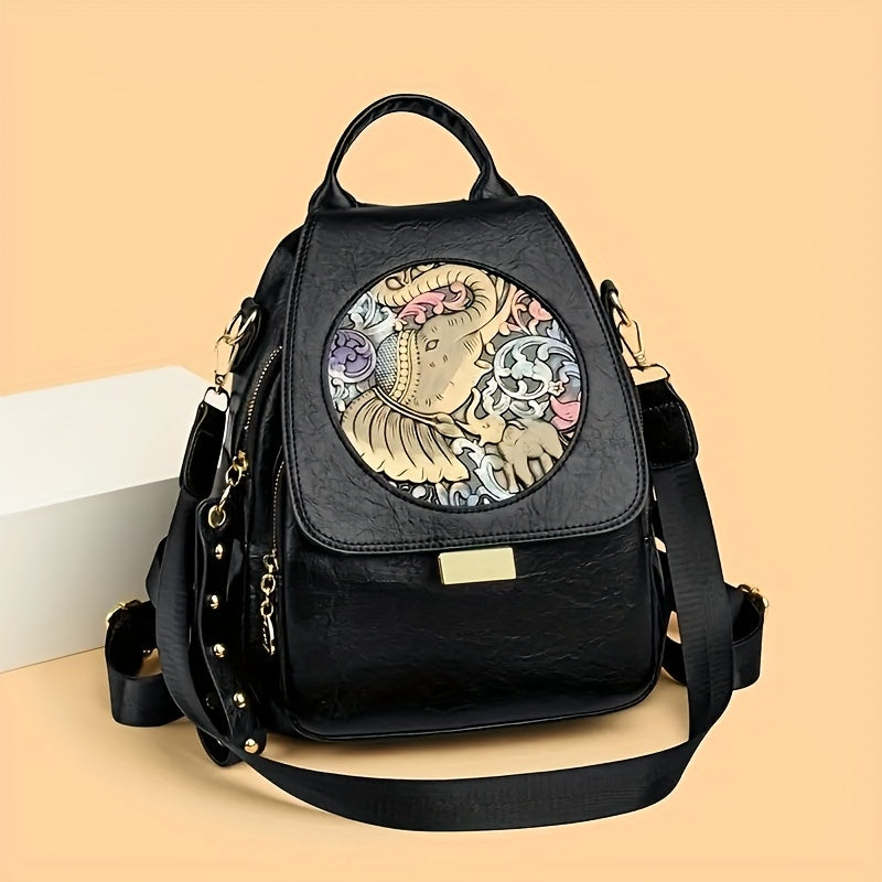 Vintage Boho-Chic Large Tote Bag - Soft Faux Synthetic, Spacious & Lightweight for Travel and Commuting, Adjustable Shoulder Strap, Zipper Closure, Black with Mandala & Eagle Design, Large Tote Ba