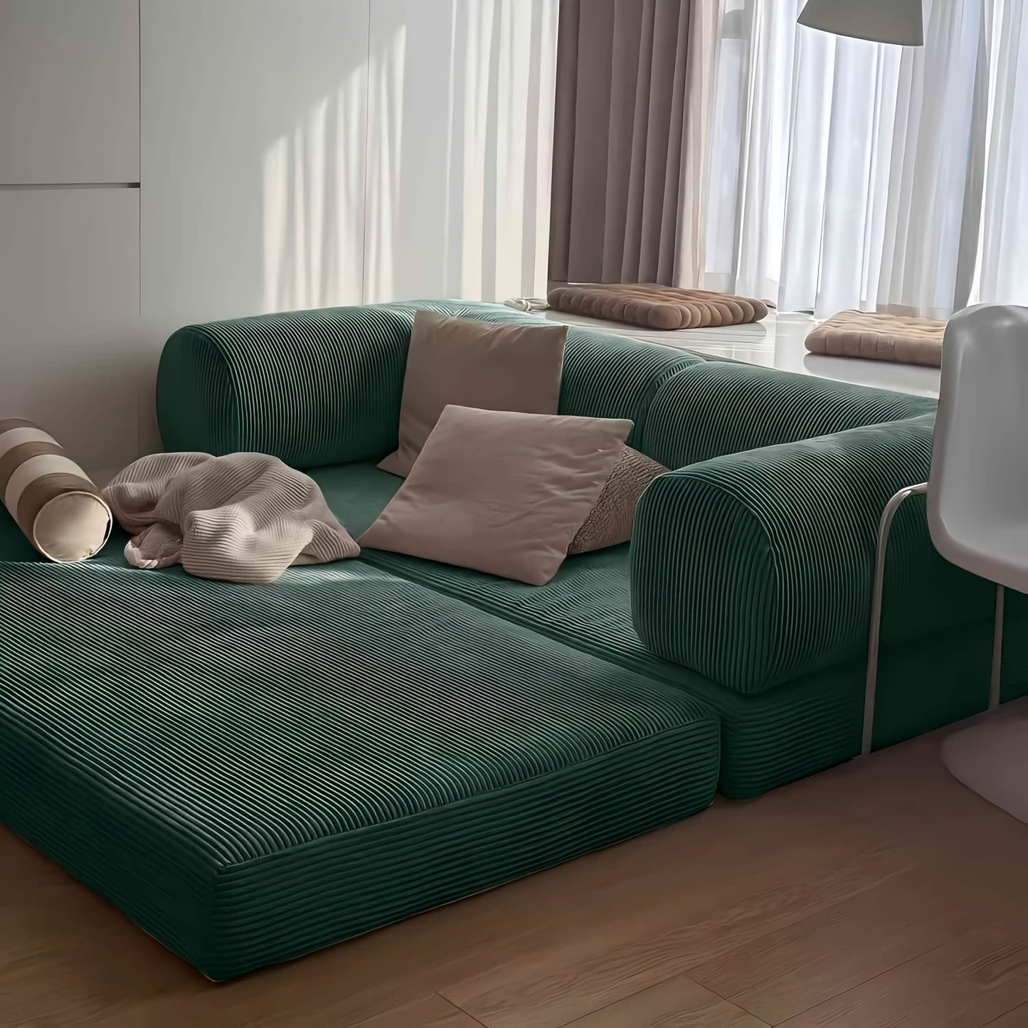 KERDOM 78" Convertible Corduroy Sleeper Sofa Bed - 3-Person Green Space-Saving Love Seat with Pull-Out Bed, High-Rebound Density Foam, Stainless Steel Frame & Spliced Block Design for Living Room, Apartments, Guest Sleeping S