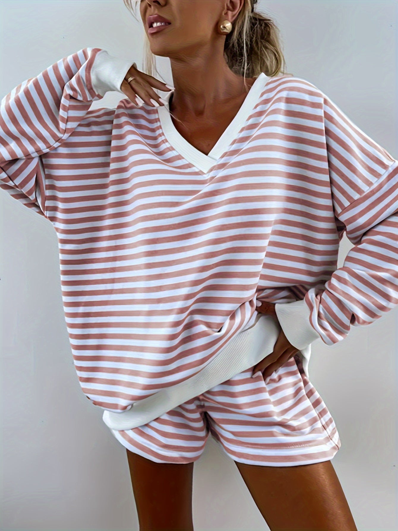 Women's Striped Print& Color Block V-Neck Casual Set with Ribbed Cuffs- Comfy Polyester Outfit, Machine Washable, Perfect for Fall/Winter