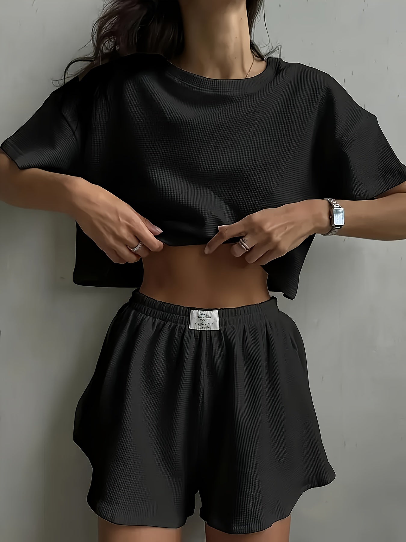 2pcs Casual Short Sleeved Shorts Set, Short Sleeved Off Shoulder Crop Top And Side Split Shorts, Loose, Soft And Comfortable Home Wear Pajama Set