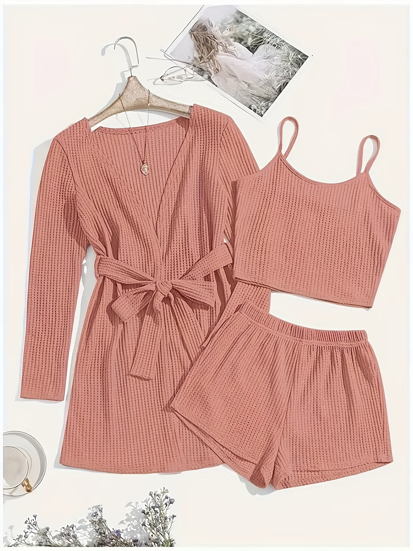 3pcs Casual Pajama Set [outer Robe, Vest, And Shorts]