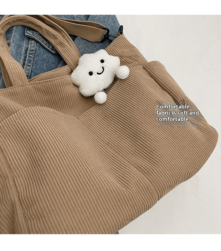 Large Capacity Corduroy Shoulder Bag for Women, Adjustable Strap, Zip Closure, Machine Washable - Ideal for Daily Commute and School