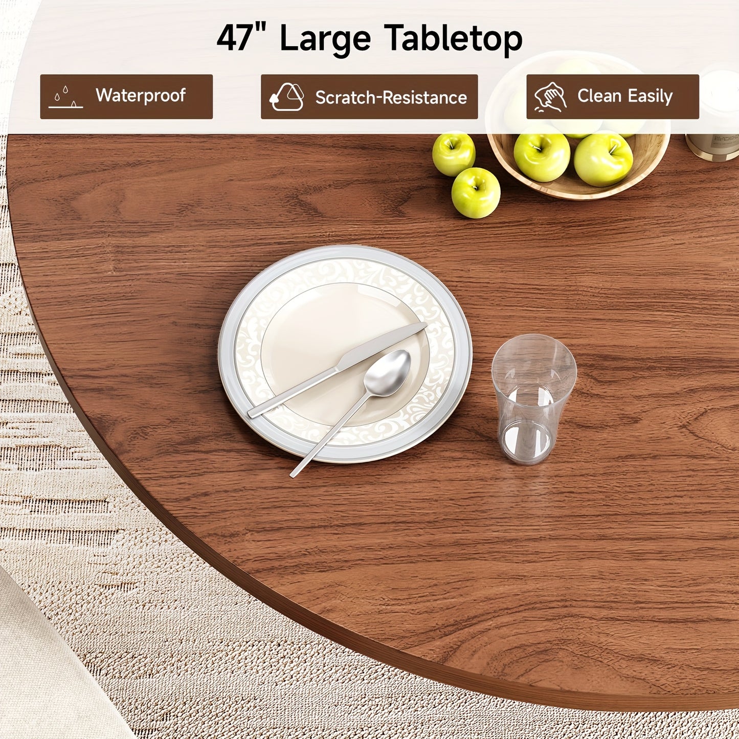 47 Inch Round Farmhouse Wood Dining Table with Double Storage Shelves And Drawers, Modern Round Dining Table for Four with Sliding Doors And Wood Bar Base for Kitchen And Living Room, Walnut