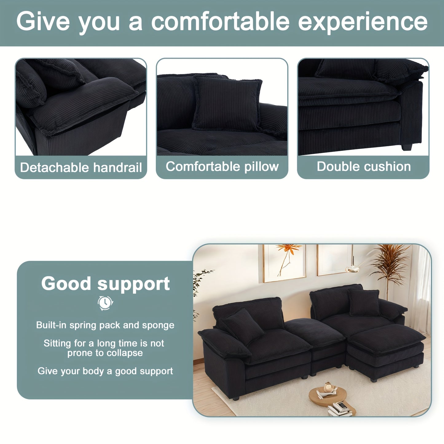 [Modern Loveseat Sofa] 2 Seater Modular Sectional Corduroy Loveseat Sofa Couch With Ottomans | Modern Cloud Sofas With Throw Pillows For Living Room, Corduroy Black, Loveseat With Ottoman