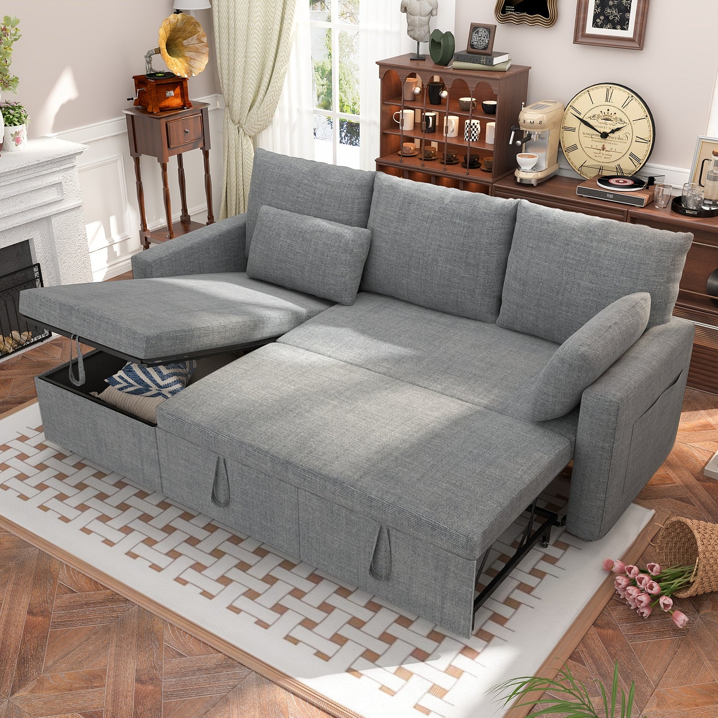[Pull Out Couch] Polar Aurora Sleeper Soft Bed - Convertible Iron Frame Futon Sofa with Storage Chaise - For Living Room/Apartment/Office (Linen L-Shape, Dark Gray)