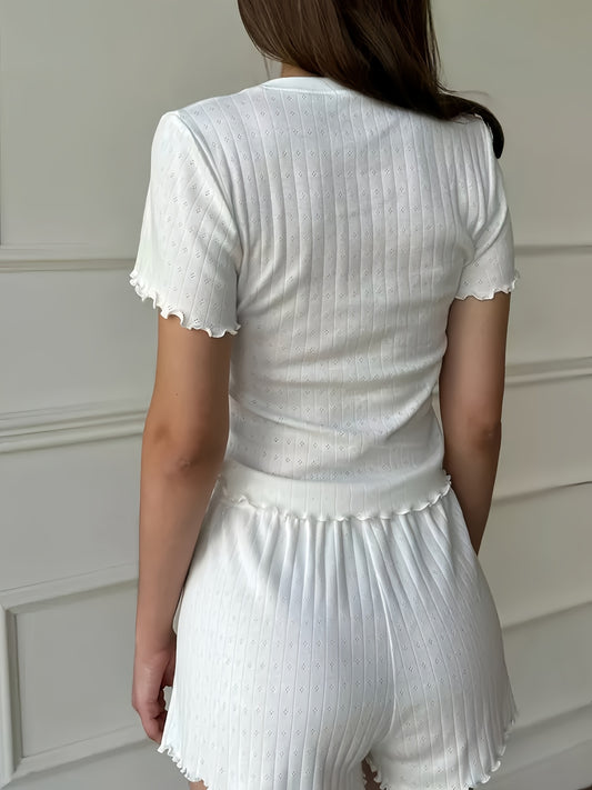 Ladies' Fashionable And Casual Home Wear Set, With Flower And Tree Ear Design, Round Neck Short Sleeve And Shorts Set, Soft And Comfortable, Summer Casual And Comfortable Home Wear
