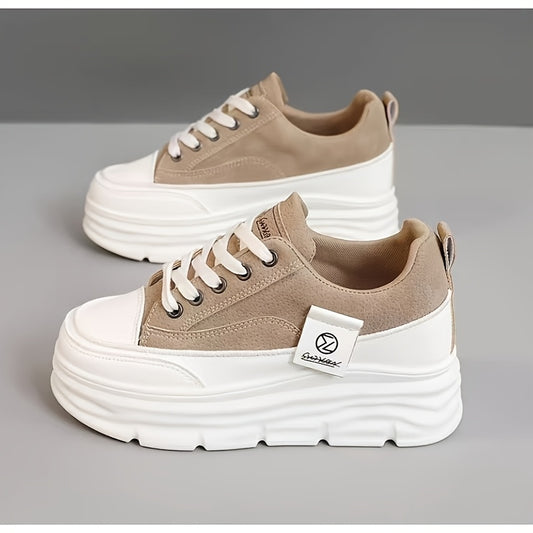 Women's Casual Low-Top Running Shoes - Versatile White & Brown Design, Lace-Up, Comfortable EVA Insole, Durable PVC Sole, Perfect for Casual Attire, Students, and Office Use, Student Sneakers | Modern Sneakers | Synthetic Cov