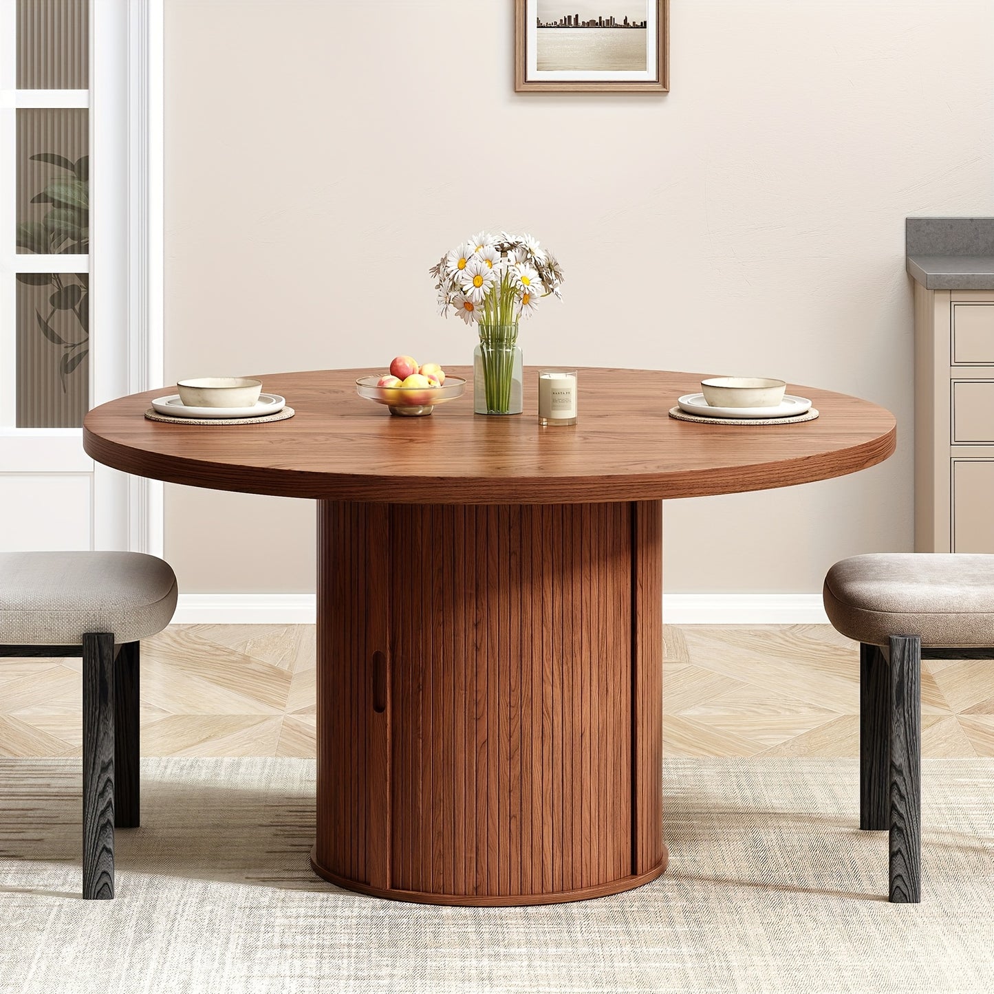 47 Inch Round Farmhouse Wood Dining Table with Double Storage Shelves And Drawers, Modern Round Dining Table for Four with Sliding Doors And Wood Bar Base for Kitchen And Living Room, Walnut