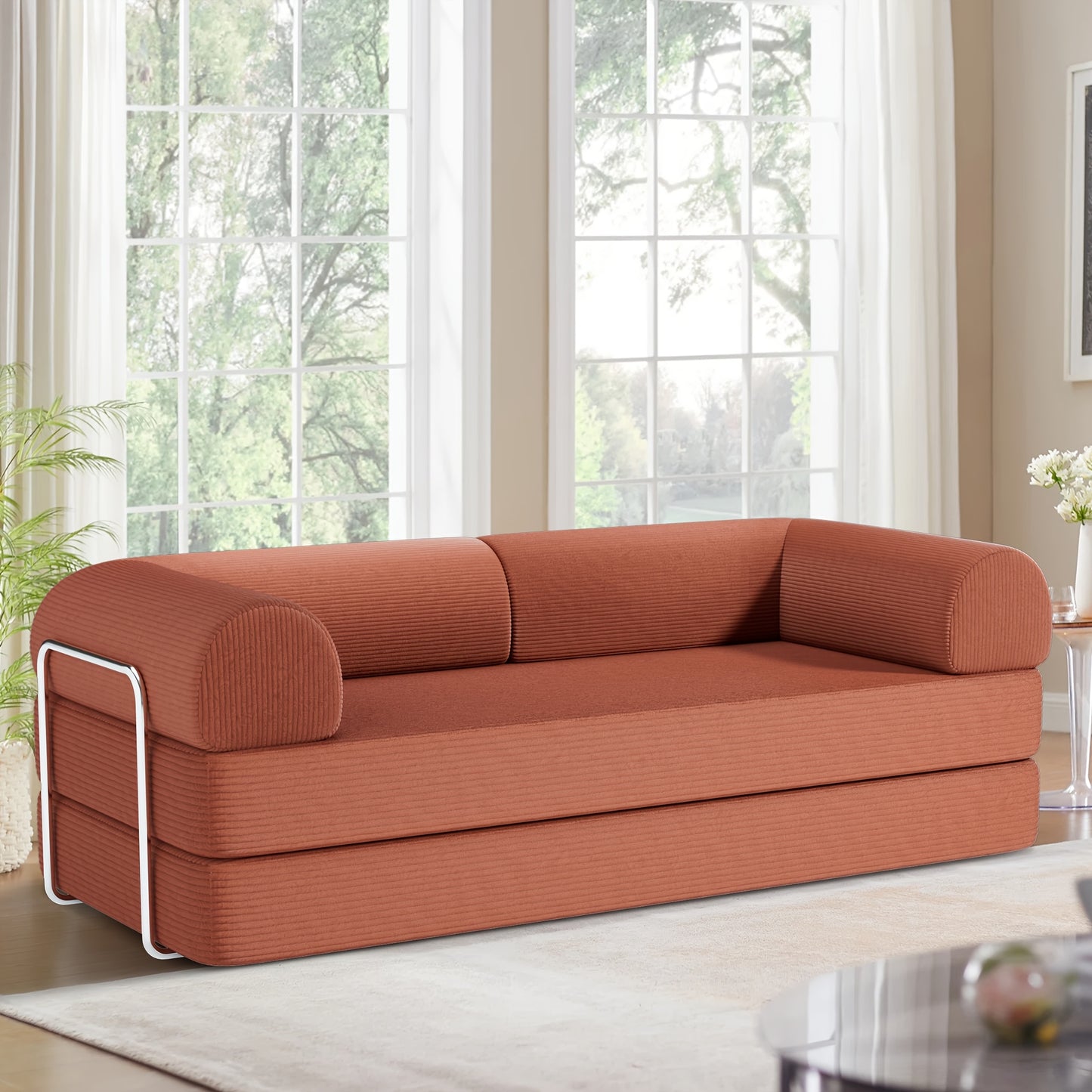 KERDOM 78" Convertible Corduroy Sleeper Sofa Bed - 3-Person Green Space-Saving Love Seat with Pull-Out Bed, High-Rebound Density Foam, Stainless Steel Frame & Spliced Block Design for Living Room, Apartments, Guest Sleeping S