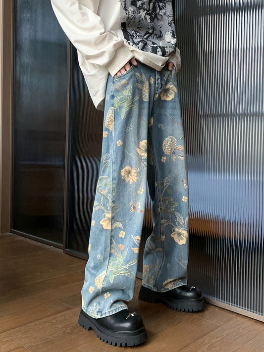 [Casual Chic] Women's Golden Floral Print Wide Leg Jeans, Casual Mid Waist Loose Fit Denim Pants, All-Season Button Fly Long Trousers with Washed Detail