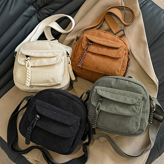 [Vintage Corduroy Bag] Unisex Vintage Harajuku Corduroy Crossbody Bag | Casual Japanese Style Shoulder Handbag with Zipper Closure, Striped Pattern, Polyester Lining | Black, White, Green, Light Brown