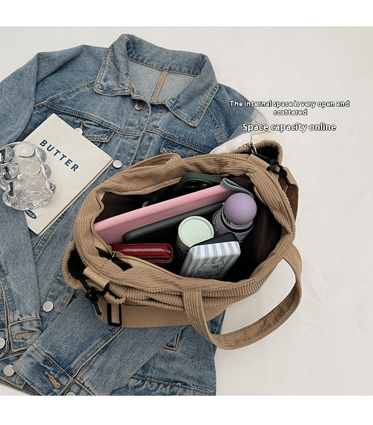 Large Capacity Corduroy Shoulder Bag for Women, Adjustable Strap, Zip Closure, Machine Washable - Ideal for Daily Commute and School