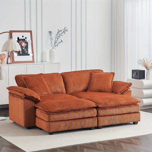 [Modern Loveseat Sofa] 2 Seater Modular Sectional Corduroy Loveseat Sofa Couch With Ottomans | Modern Cloud Sofas With Throw Pillows For Living Room, Corduroy Black, Loveseat With Ottoman