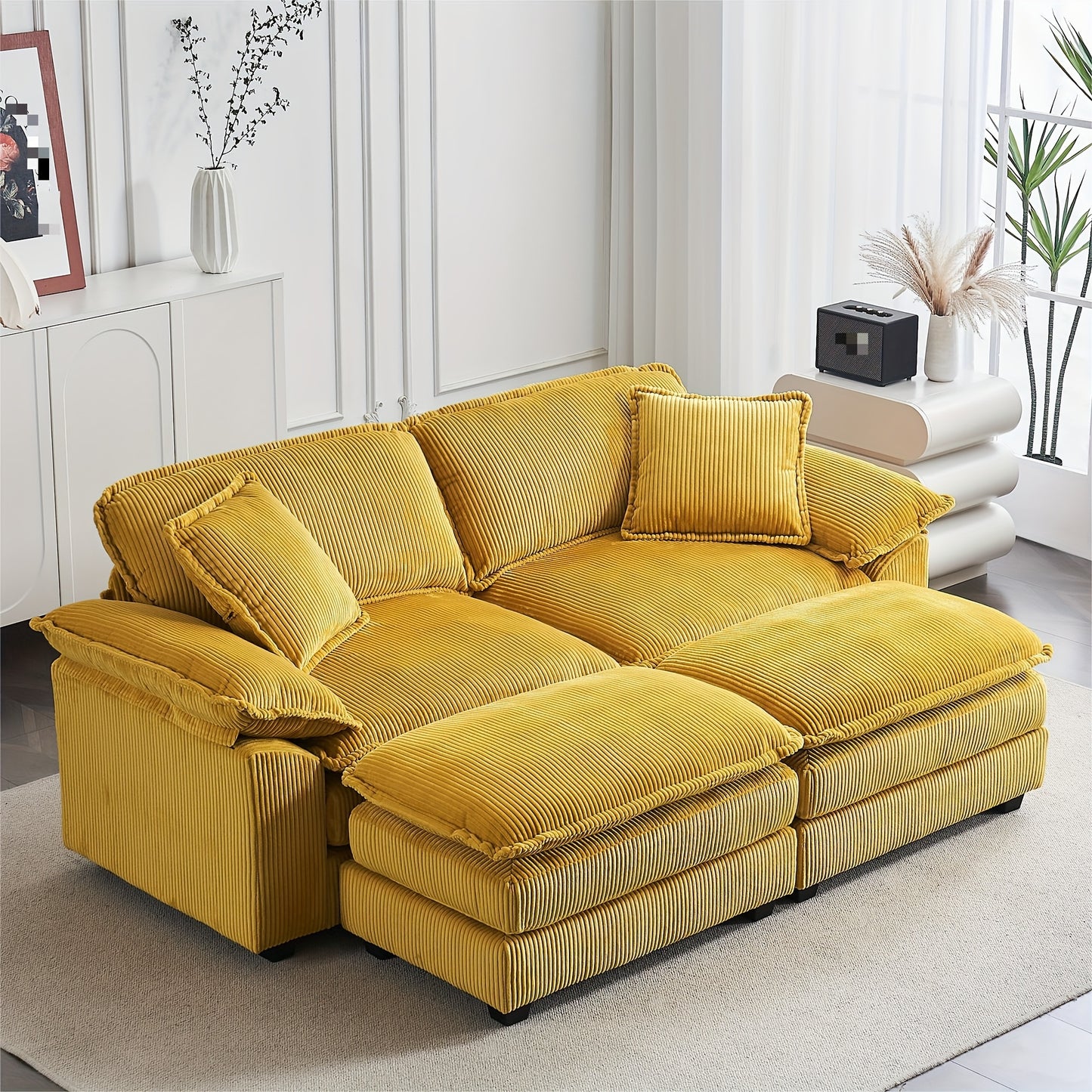 [Modern Loveseat Sofa] 2 Seater Modular Sectional Corduroy Loveseat Sofa Couch With Ottomans | Modern Cloud Sofas With Throw Pillows For Living Room, Corduroy Black, Loveseat With Ottoman