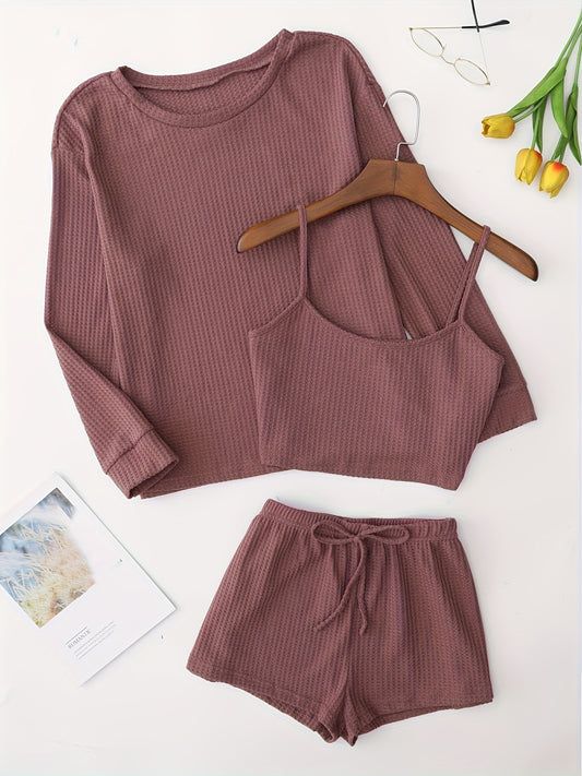 Solid Waffle Lounge Set, Casual Long Sleeve Crew Neck Top & Cami Top & Elastic Waistband Shorts, Women's Loungewear & Sleepwear