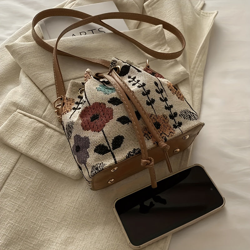 Women's Floral Print Bucket Bag with Adjustable Drawstring Closure - Spacious Crossbody Handbag, Polyester Lined for Casual & Formal Occasions, Crossbody Purse