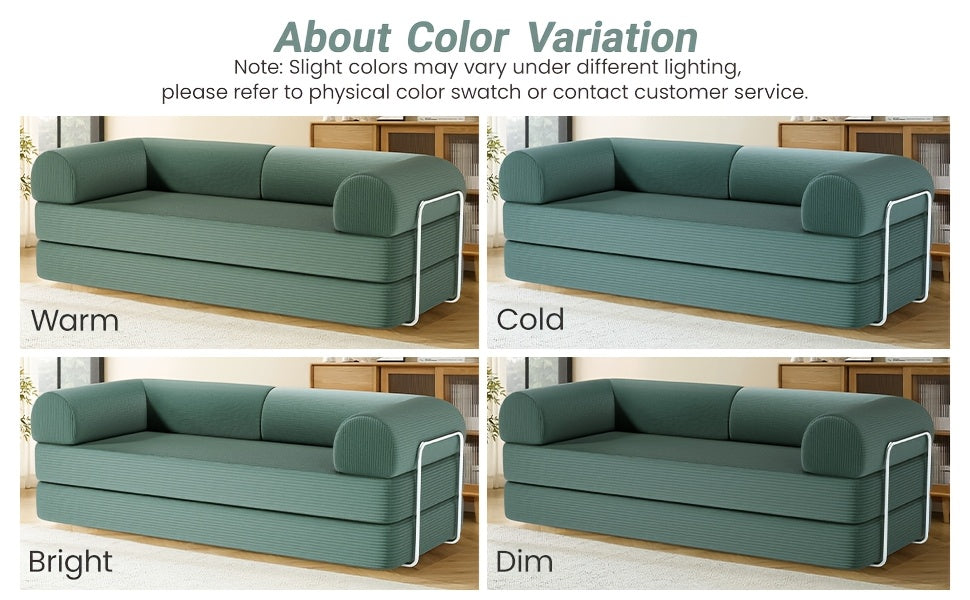 KERDOM 78" Convertible Corduroy Sleeper Sofa Bed - 3-Person Green Space-Saving Love Seat with Pull-Out Bed, High-Rebound Density Foam, Stainless Steel Frame & Spliced Block Design for Living Room, Apartments, Guest Sleeping S