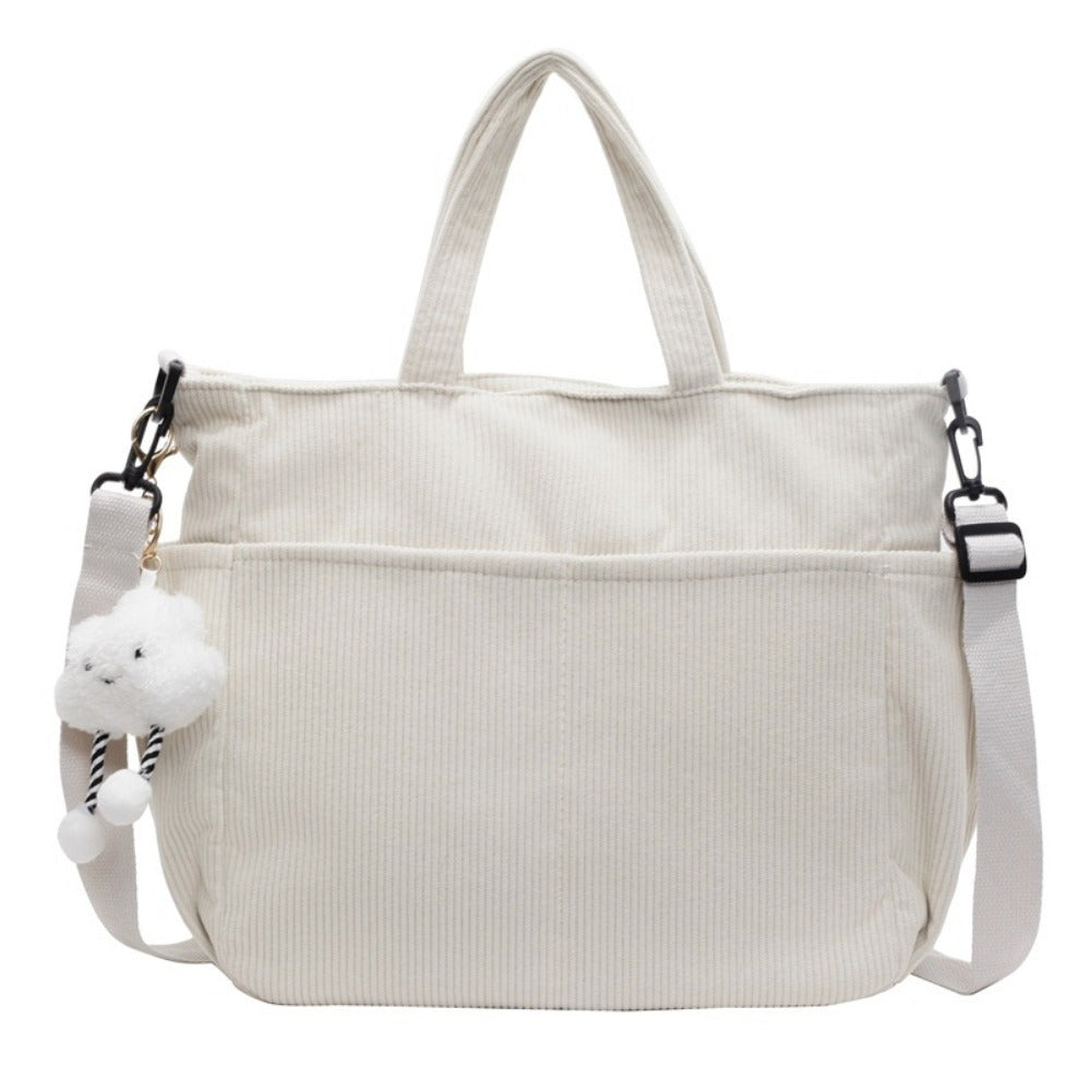 Large Capacity Corduroy Shoulder Bag for Women, Adjustable Strap, Zip Closure, Machine Washable - Ideal for Daily Commute and School
