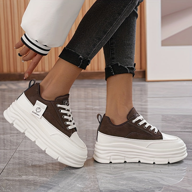 Women's Casual Low-Top Running Shoes - Versatile White & Brown Design, Lace-Up, Comfortable EVA Insole, Durable PVC Sole, Perfect for Casual Attire, Students, and Office Use, Student Sneakers | Modern Sneakers | Synthetic Cov