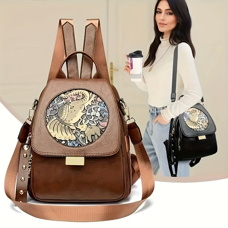 Vintage Boho-Chic Large Tote Bag - Soft Faux Synthetic, Spacious & Lightweight for Travel and Commuting, Adjustable Shoulder Strap, Zipper Closure, Black with Mandala & Eagle Design, Large Tote Ba