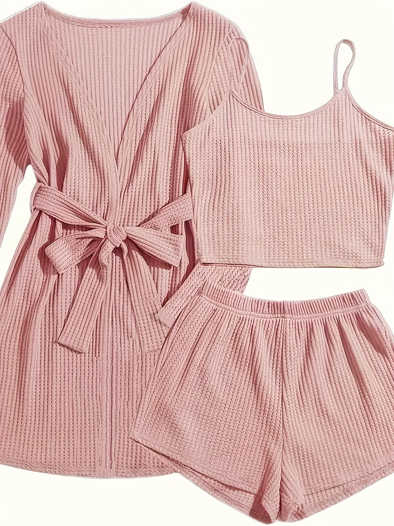 3pcs Casual Pajama Set [outer Robe, Vest, And Shorts]