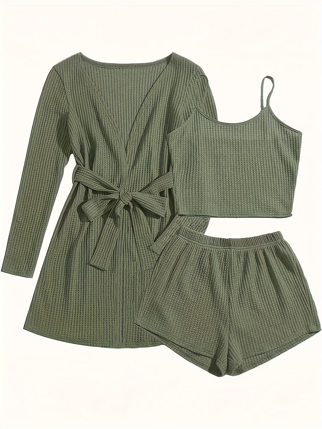 3pcs Casual Pajama Set [outer Robe, Vest, And Shorts]