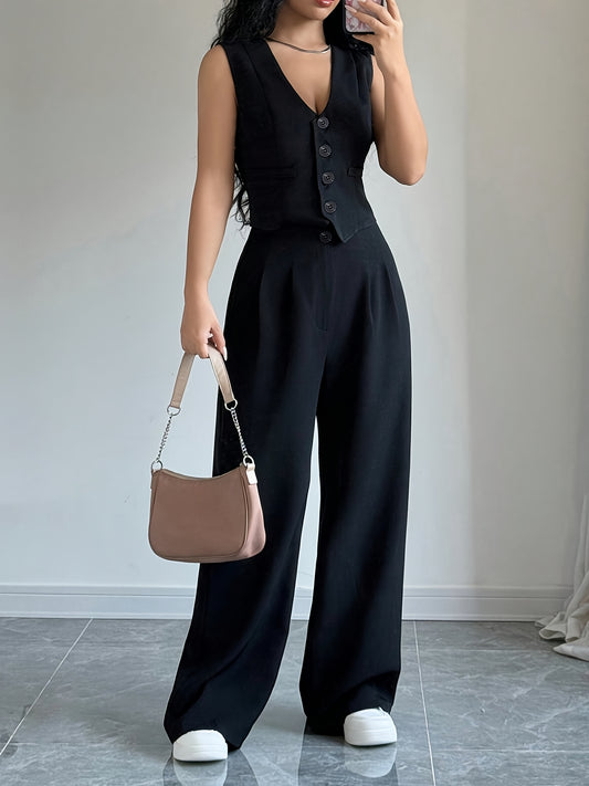 New Summer Style Ladies' Solid Color Single-Breasted Waistcoat And Wide-Leg Trousers Set