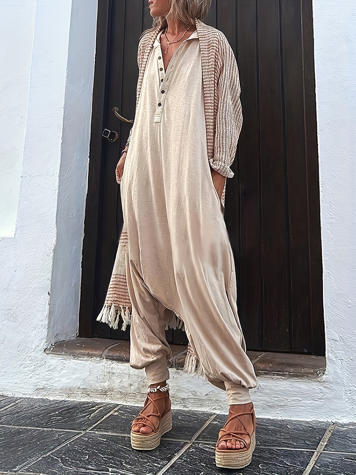 2024 New Women's Solid Color V-neck Button Up Hooded Side Pocket Jumpsuit, Long Sleeved Loose Fitting Jumpsuit