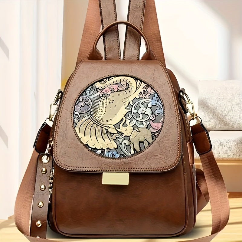 Vintage Boho-Chic Large Tote Bag - Soft Faux Synthetic, Spacious & Lightweight for Travel and Commuting, Adjustable Shoulder Strap, Zipper Closure, Black with Mandala & Eagle Design, Large Tote Ba