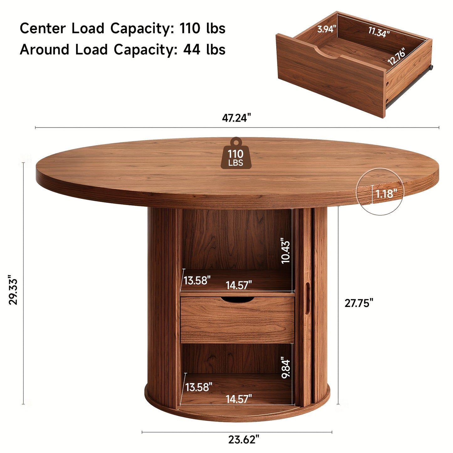 47 Inch Round Farmhouse Wood Dining Table with Double Storage Shelves And Drawers, Modern Round Dining Table for Four with Sliding Doors And Wood Bar Base for Kitchen And Living Room, Walnut