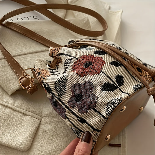 Women's Floral Print Bucket Bag with Adjustable Drawstring Closure - Spacious Crossbody Handbag, Polyester Lined for Casual & Formal Occasions, Crossbody Purse